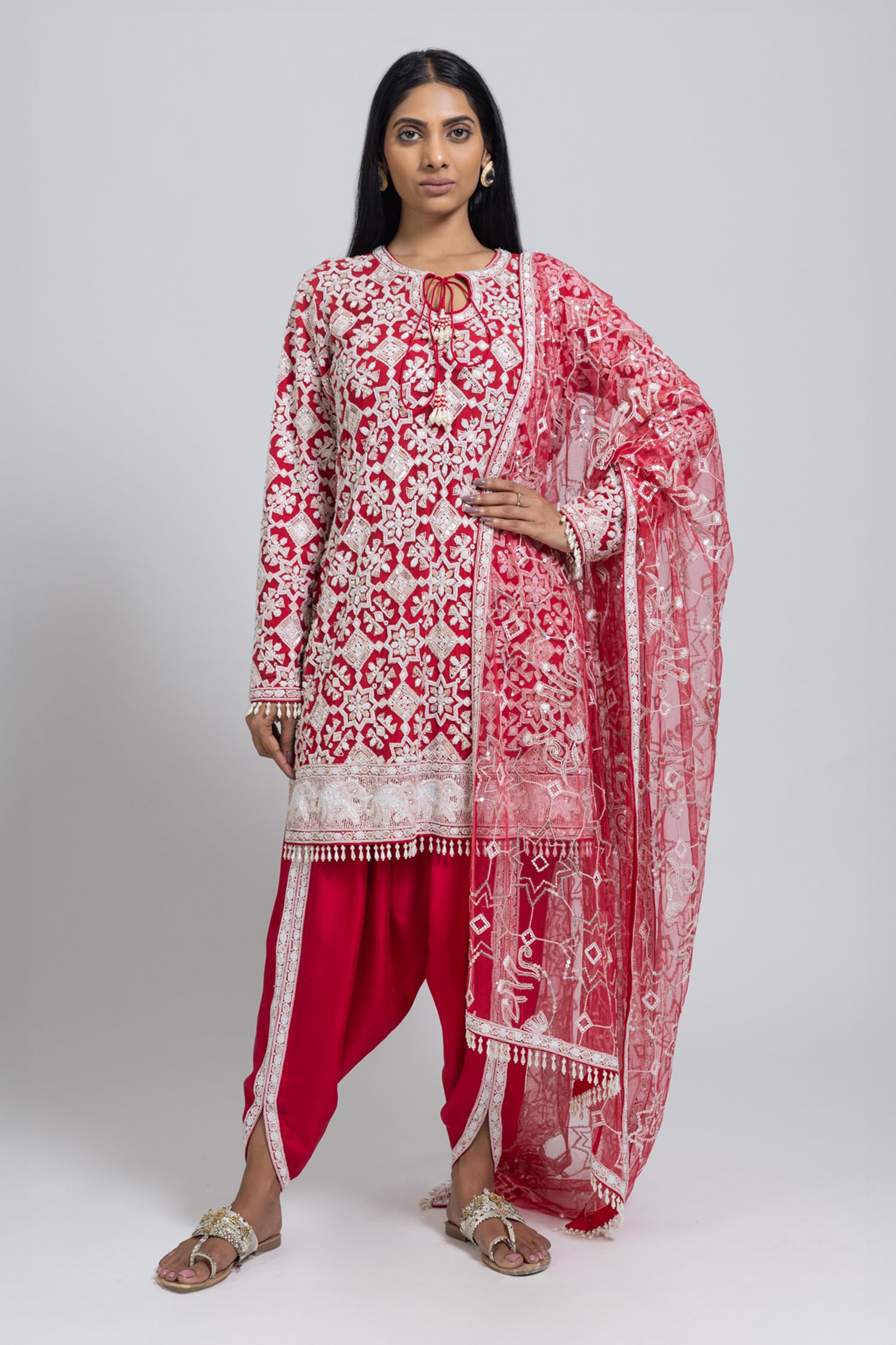 Buy Red Kurta And Dupatta Net Hand Embroidered Sequins Round Dhoti Pant ...