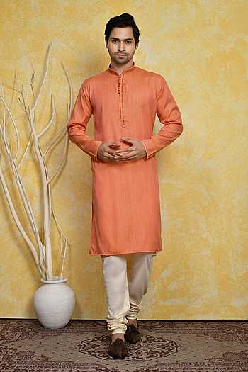 Buy Orange Kurta Cotton Silk Embroidery Stitchline Thread Collar Set ...