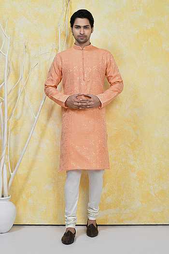 Buy Orange Art Silk Woven Resham Fleur Kurta Set For Men by Arihant Rai ...