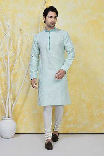 Beige Linen Kurta Set For Men With Resham Hand Work
