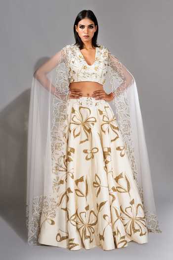 Amla Off-White Tissue Silk Sequins Thread Work Lehenga Choli with Orange Bandhej Dupatta main image 0