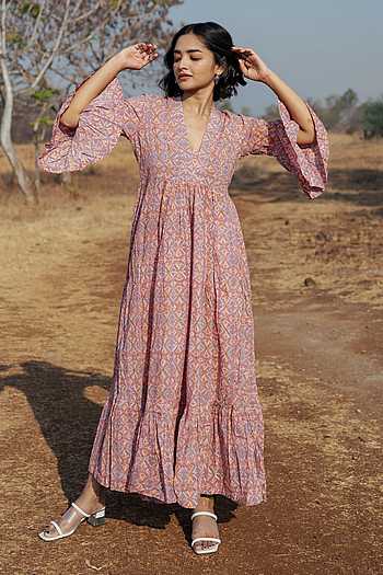 Cream Peach Floral Hand Block Printed Cotton Midi Dress – Puff Sleeve Boho Indian Dress