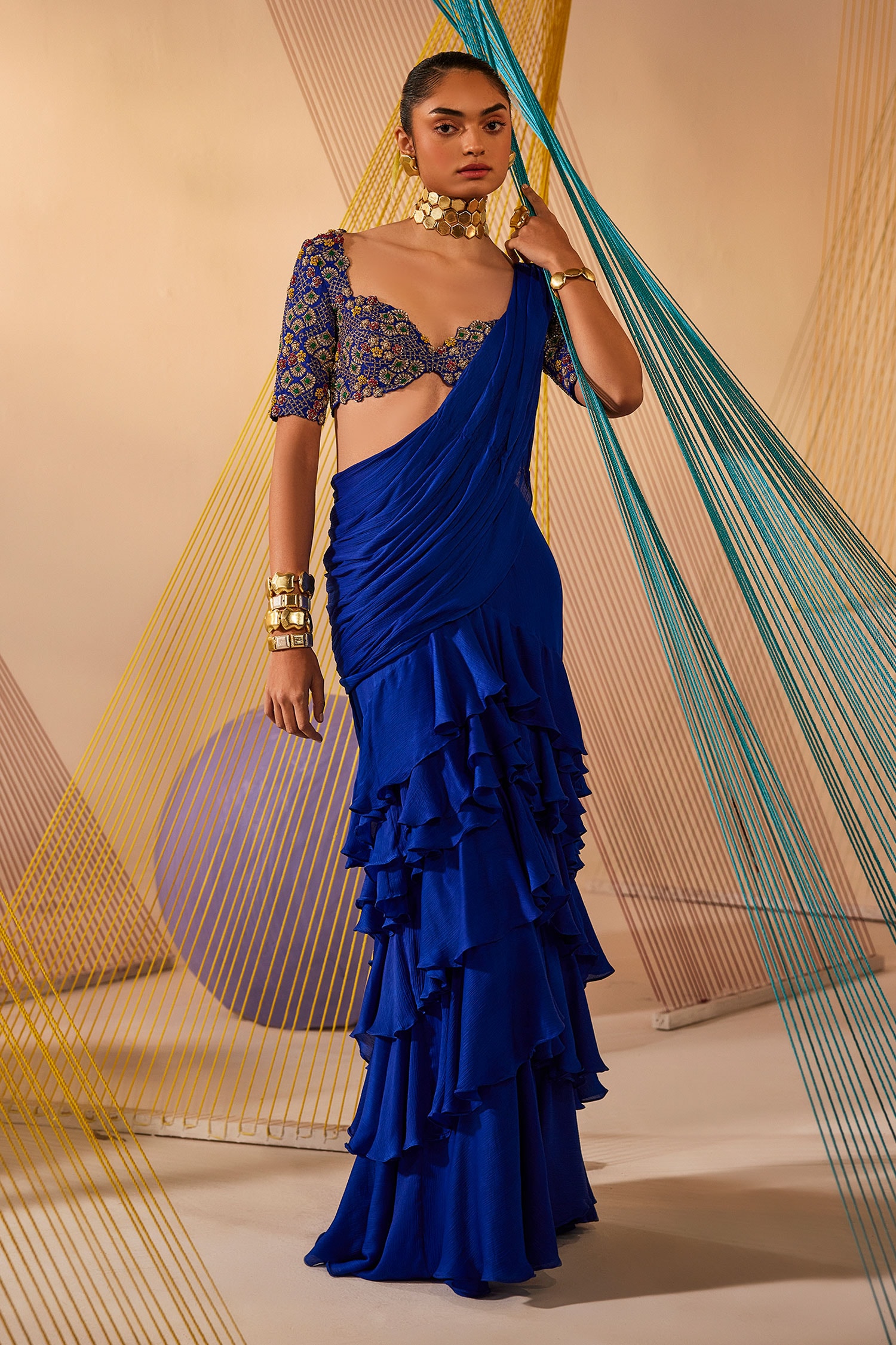 Pre-Draped Saree With Embroidered Blouse
