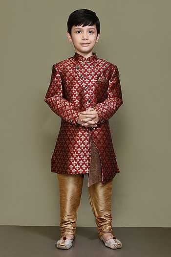 Boys Indo-western Maroon and  Black jacquard with black Churidar main image 0