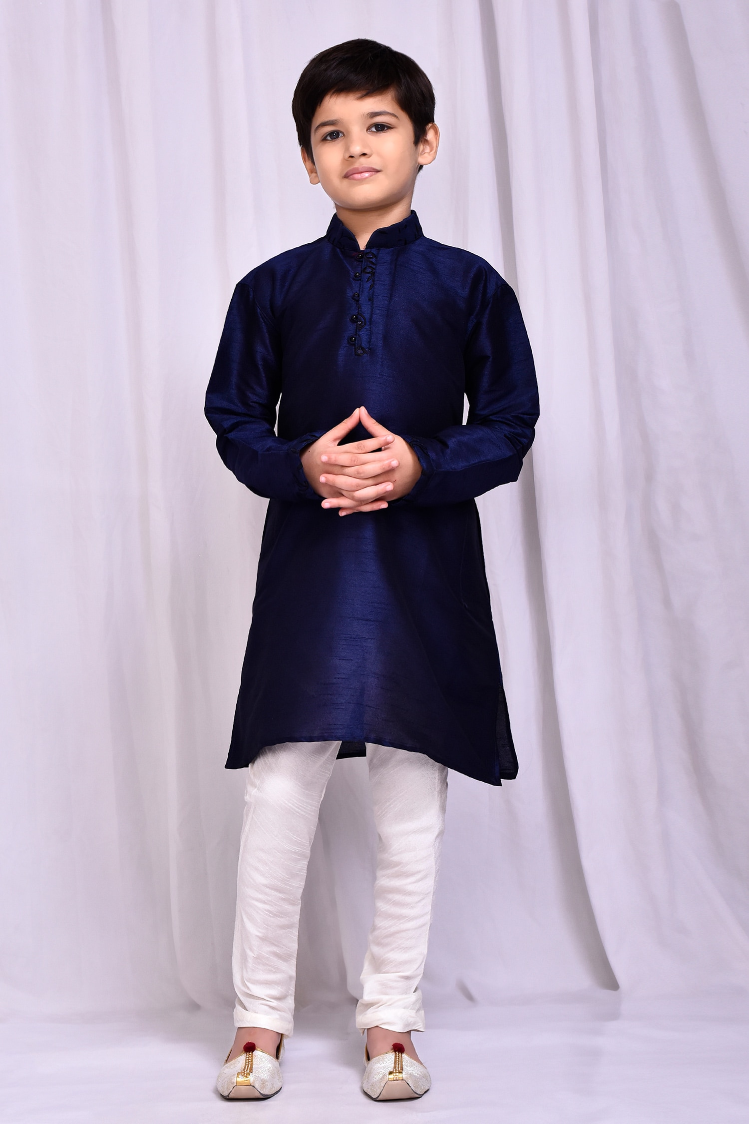 Buy Blue Dupion Art Silk Plain Mandarin Collar Kurta For Boys By Banana