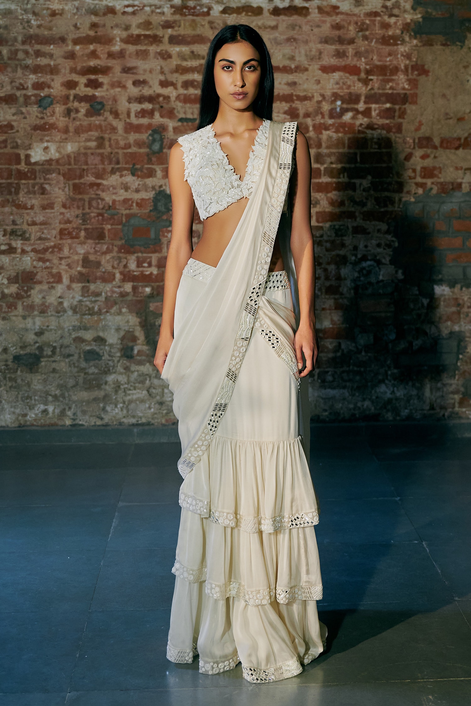 Florz Border Embroidered Pre-Draped Saree With Blouse