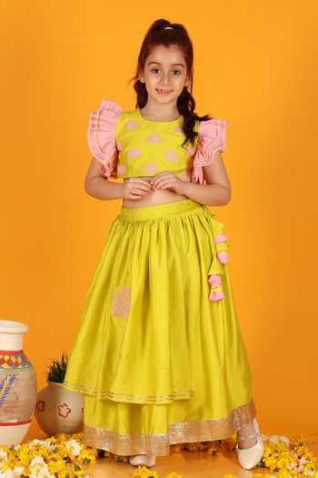Babyhug Woven Embroidered Blouse with Lehenga and Half Sleeves Jacket Set with Floral Print - Yellow