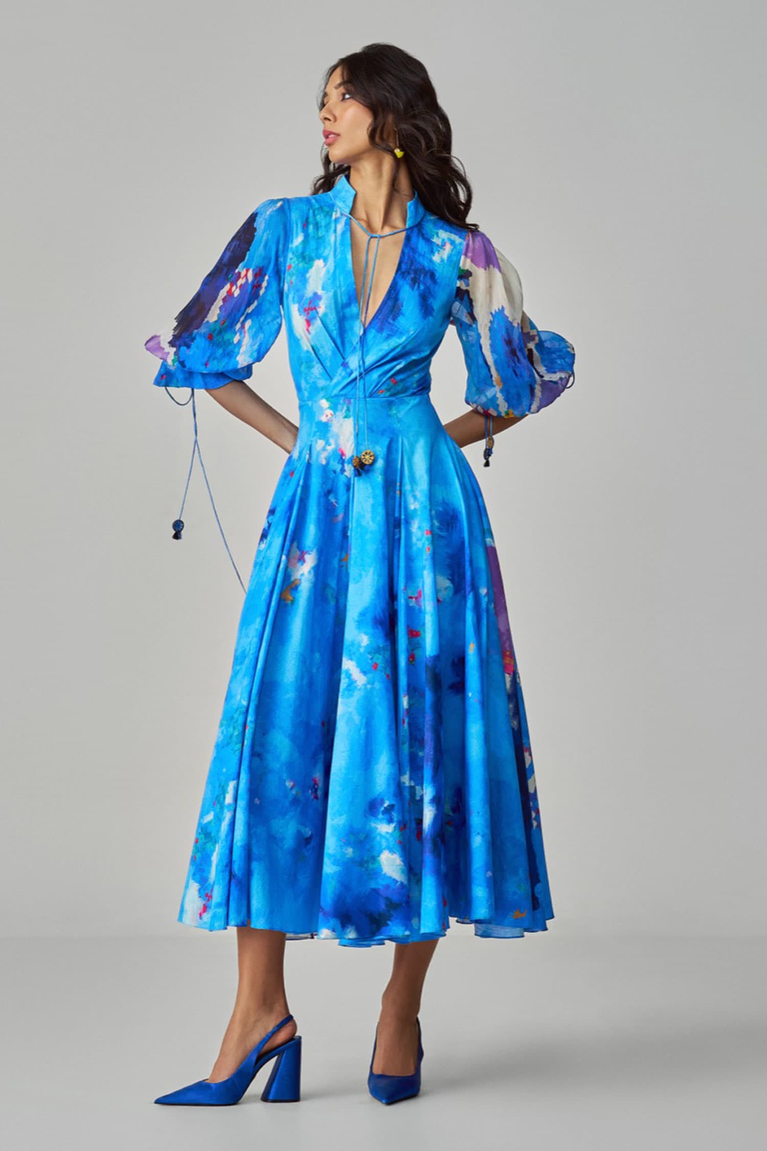 Buy Blue Cambric Printed Ikat Collared V Annie Midi Dress For Women by ...