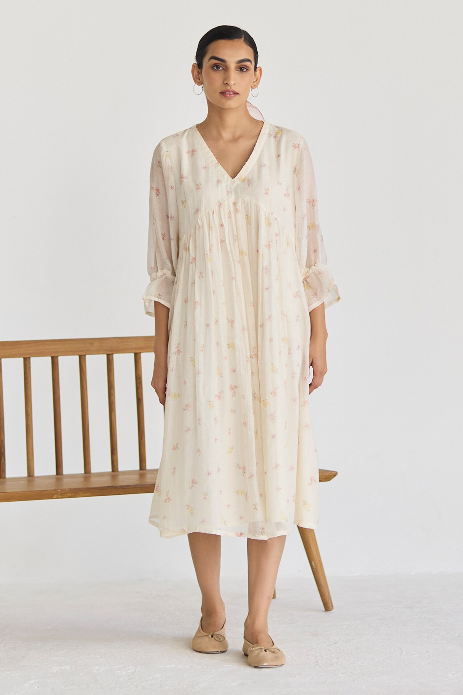 Buy Ivory Chanderi Print Vintage Flora V Neck Lola Midi Dress For Women ...