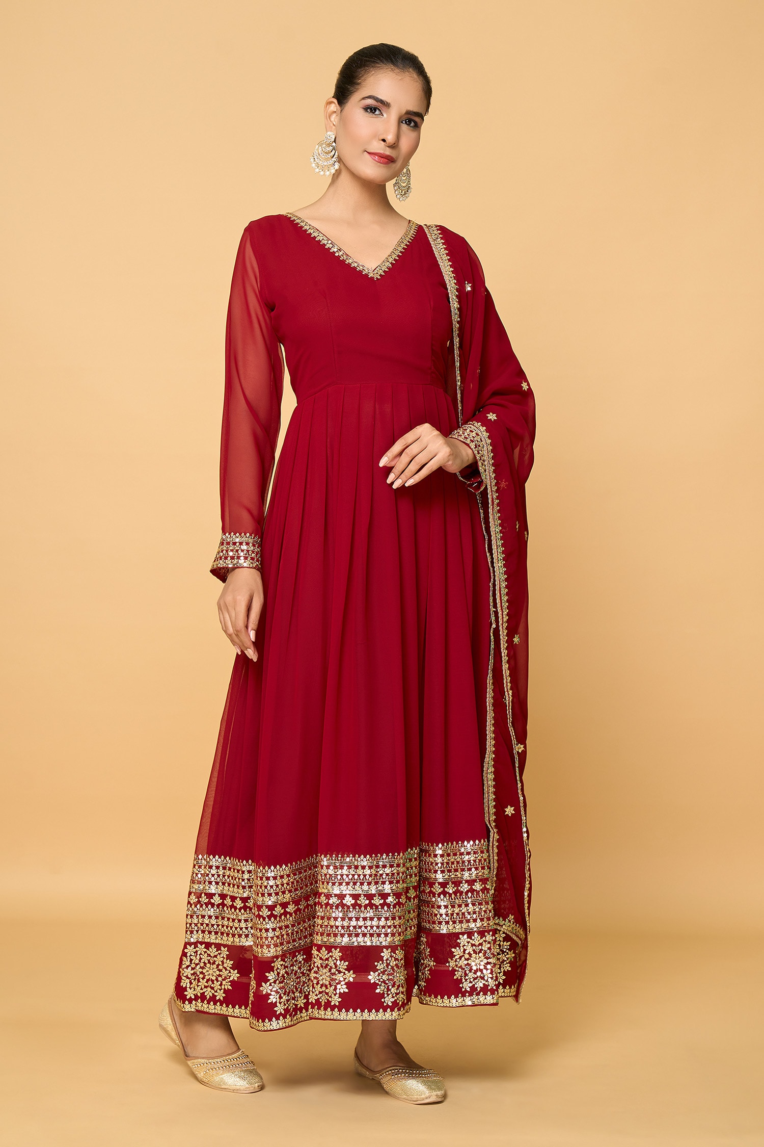 Buy Maroon Faux Georgette Lining Cotton Embroidery Florin Anarkali With ...