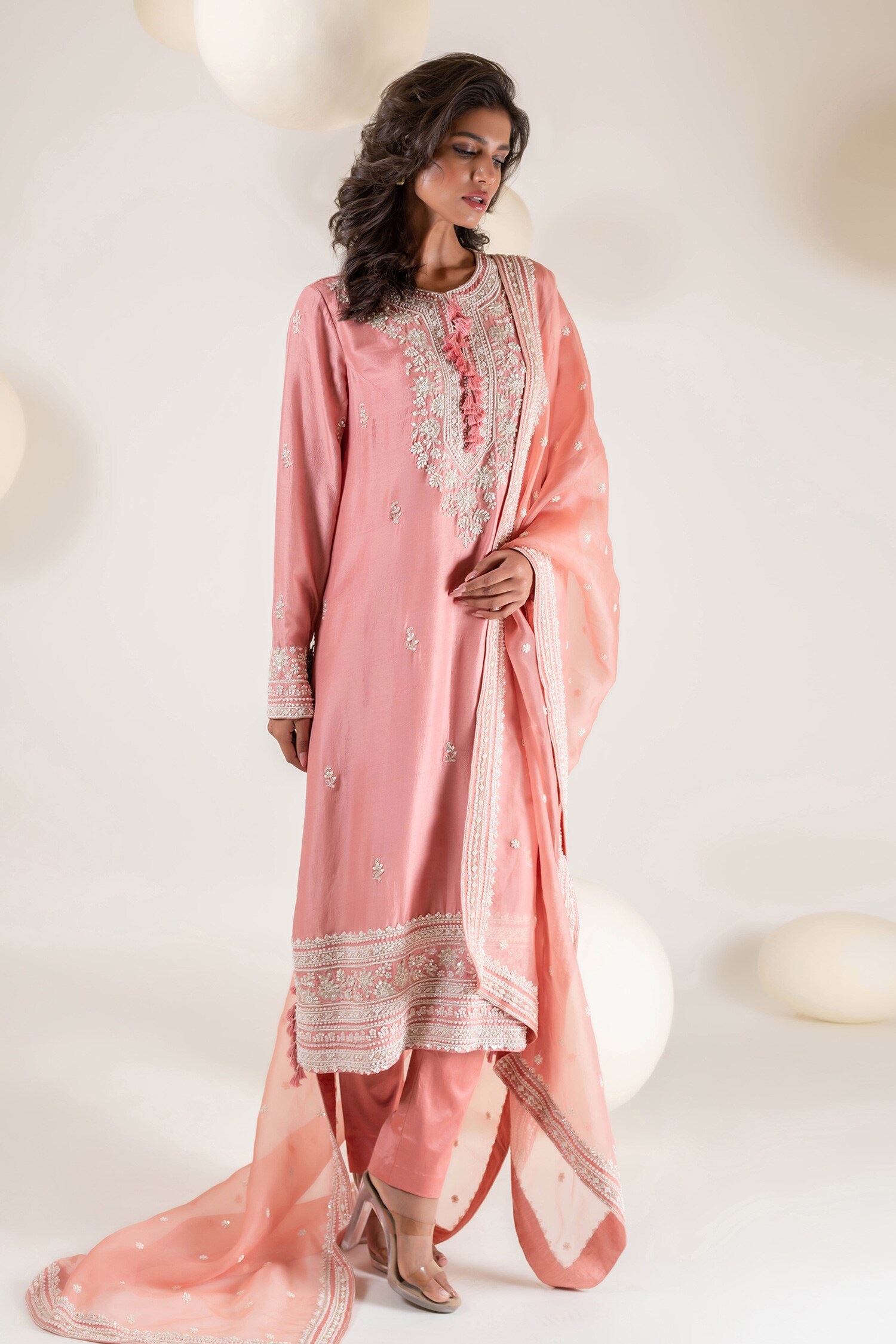 Buy Pink Organza Embroidery Aari Round Neck Blossom Kurta Pant Set For ...