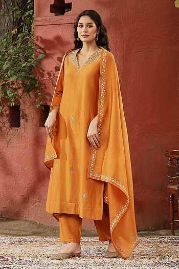 Elegant Orange Chanderi Silk Embroidered Anarkali Style Kurta Pant Set With Graceful Dupatta