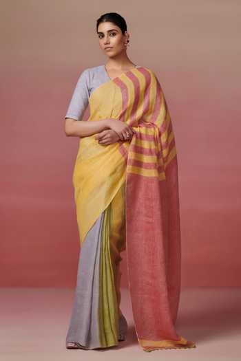 Multi Colour Handwoven Linen saree main image 1