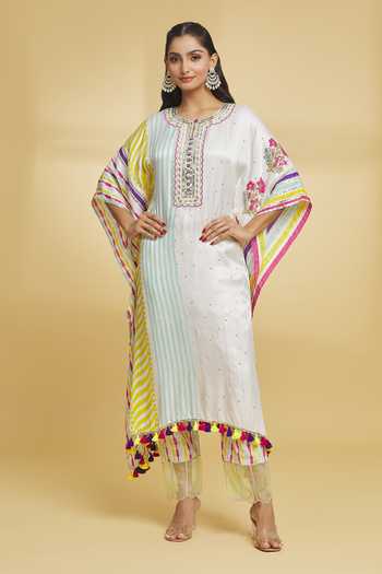 Selin White Sequin Chiffon Embellished Kaftan Dress