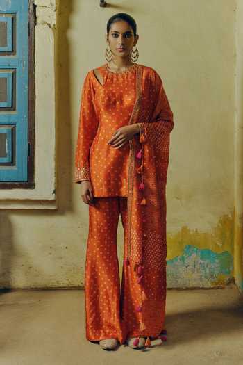 Women Mustard Short Kurta With Sharara & Bandhej Dupatta