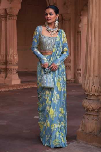 Buy Blue Crepe Printed Floral Pattern Pre-draped Skirt Saree With ...