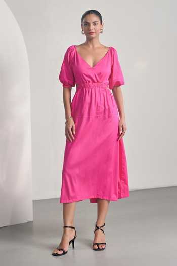Solid Deep V-Neck Shirring Midi Dress main image 0