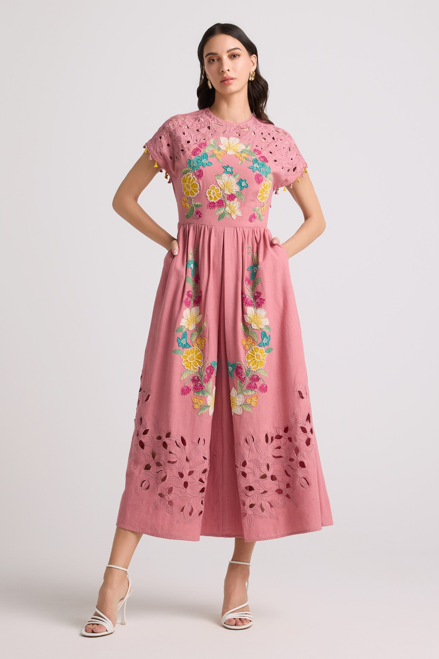 Buy Pink Kala Lining 100% Applique Round Blossom Cutwork Midi Dress For ...