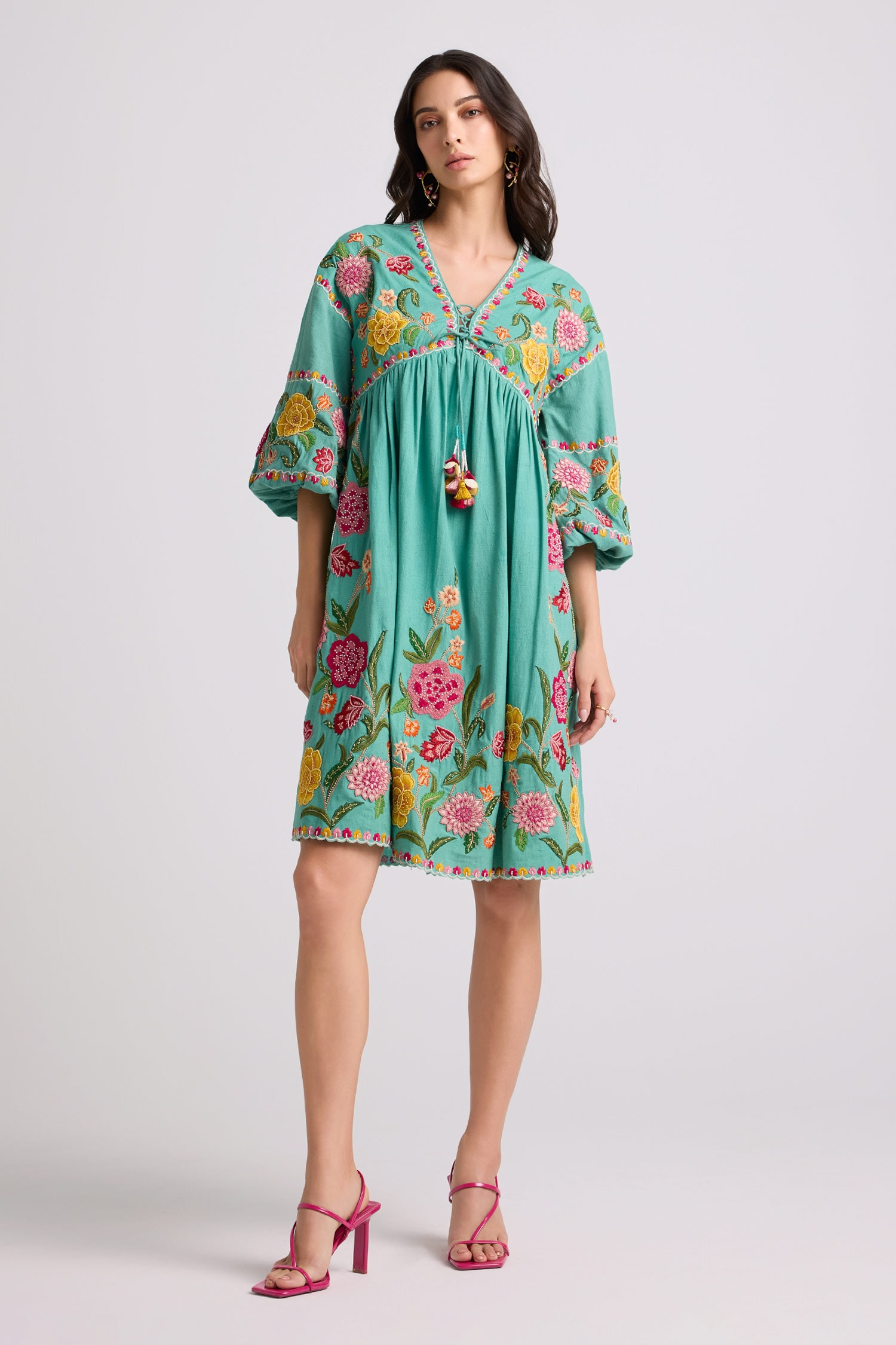 Buy Blue Kala Cotton Embroidered Floral V Neck Gathered Dress For Women ...