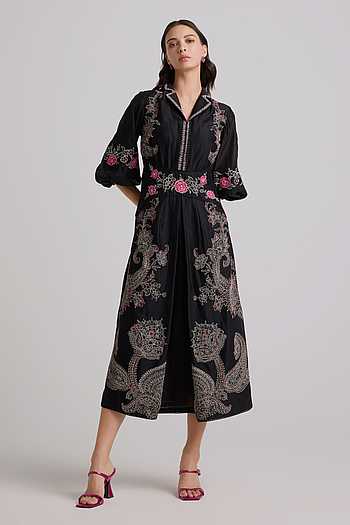 Evora — Embroidered Chanderi Cotton Flared Dress