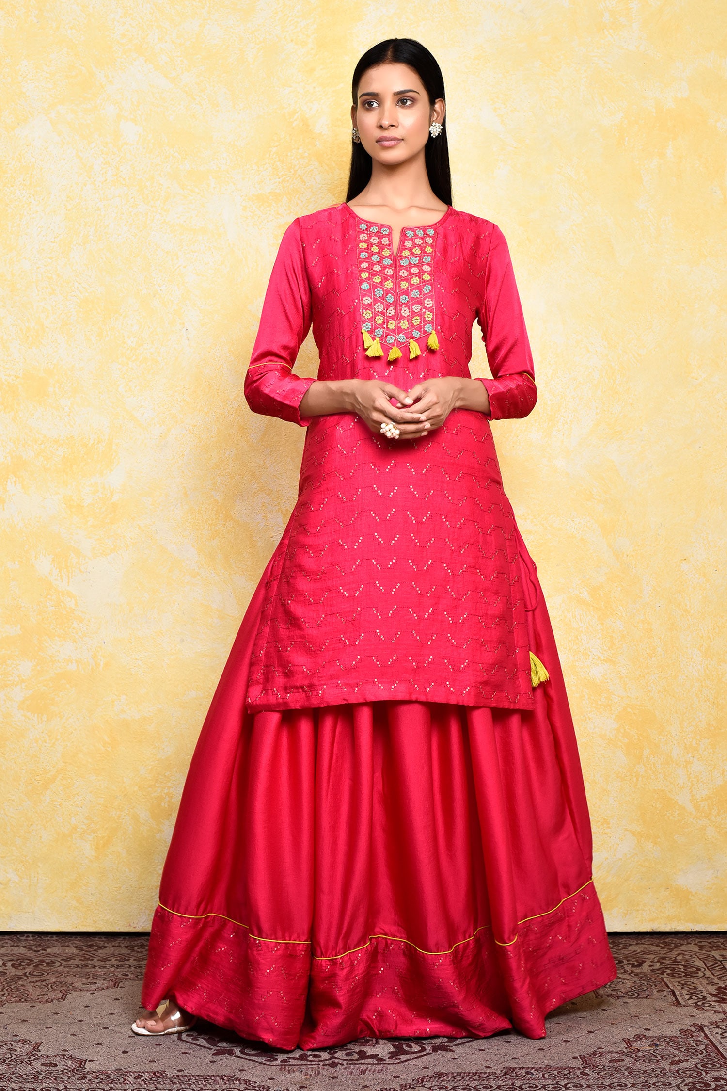 Buy Pink Blend Silk Embroidered Floral Notched Aurora Kurta And Lehenga ...