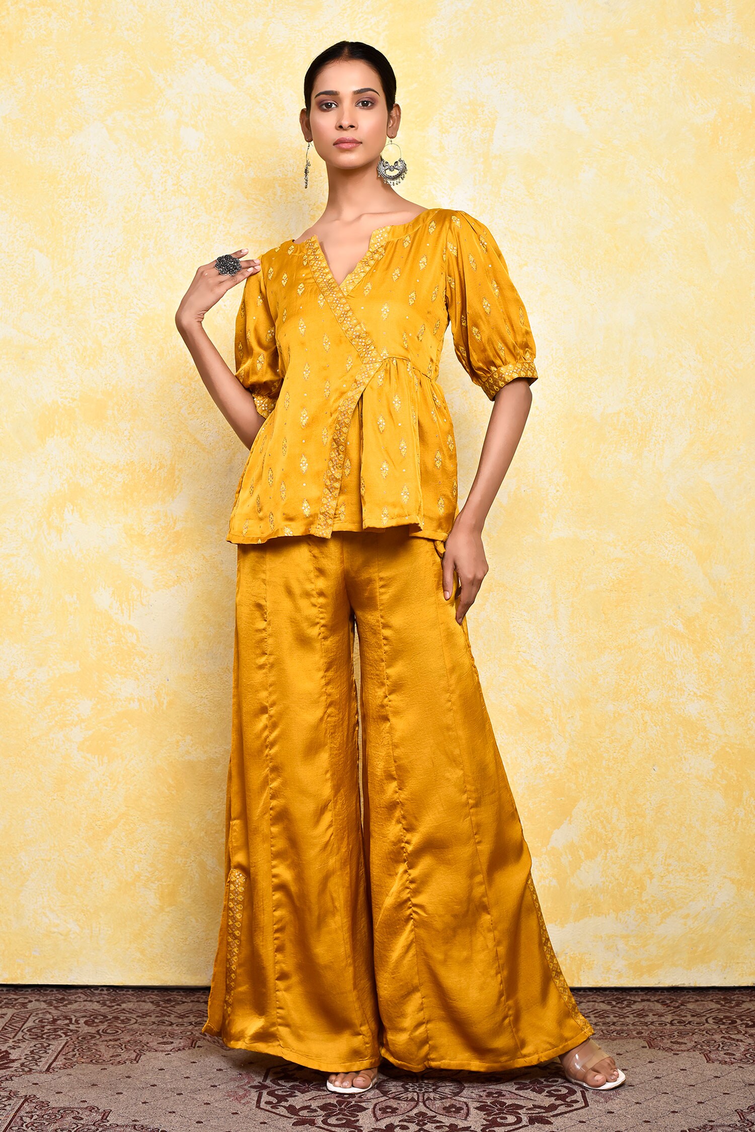 Buy Yellow Silk Embroidered Sequins Autumn Short Kurta And Palazzo Set ...