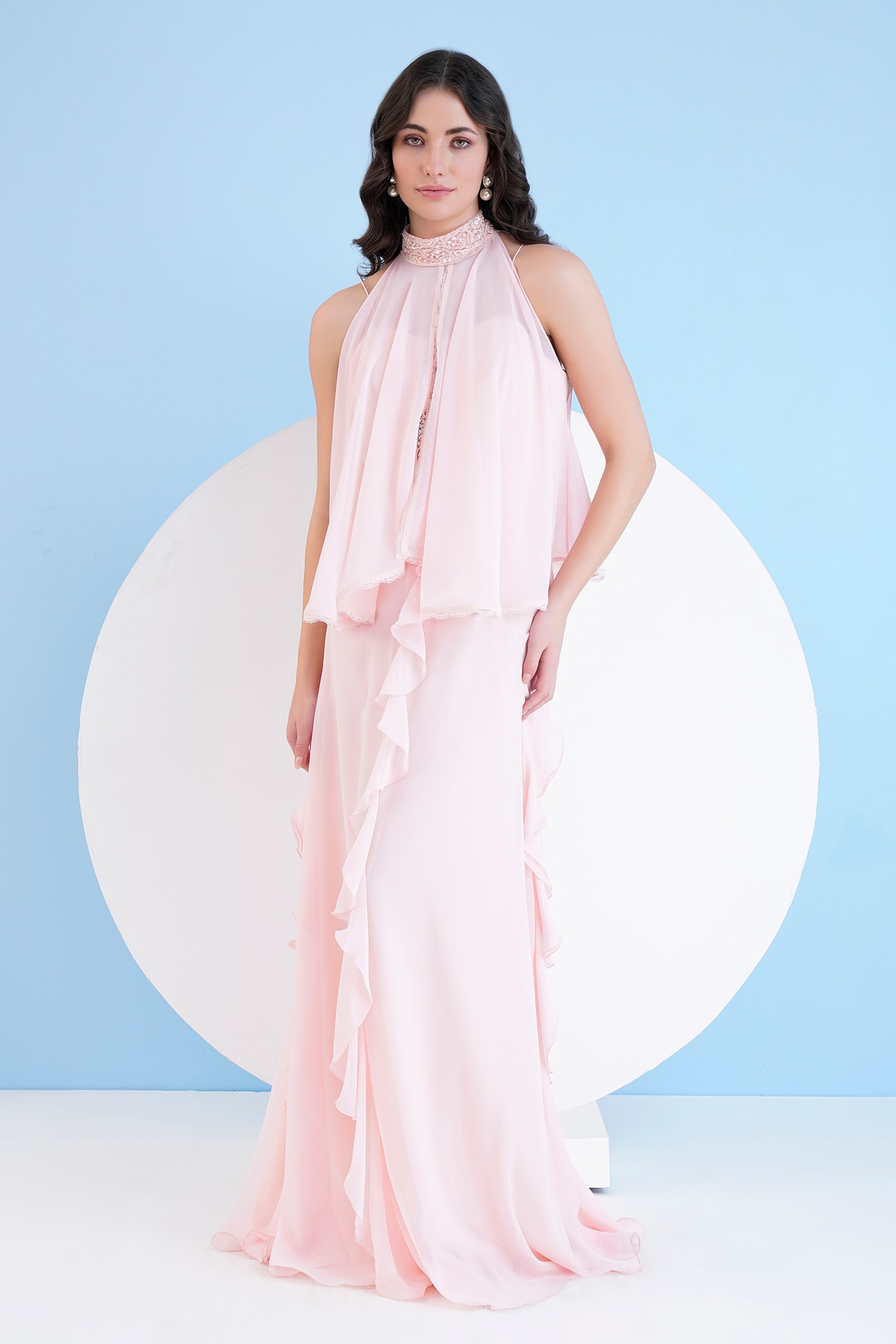Buy Pink Viscose Georgette Embellished Lace Edged Flowy With Ruffle ...