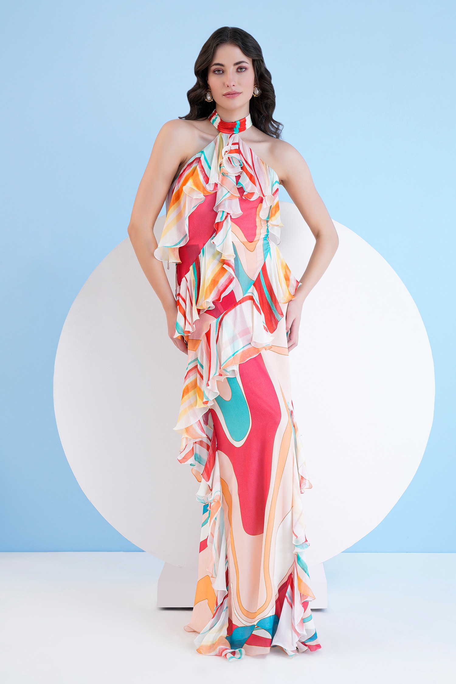 Buy Multi Color Chiffon Surge Halter Neck Maxi Dress For Women by ...