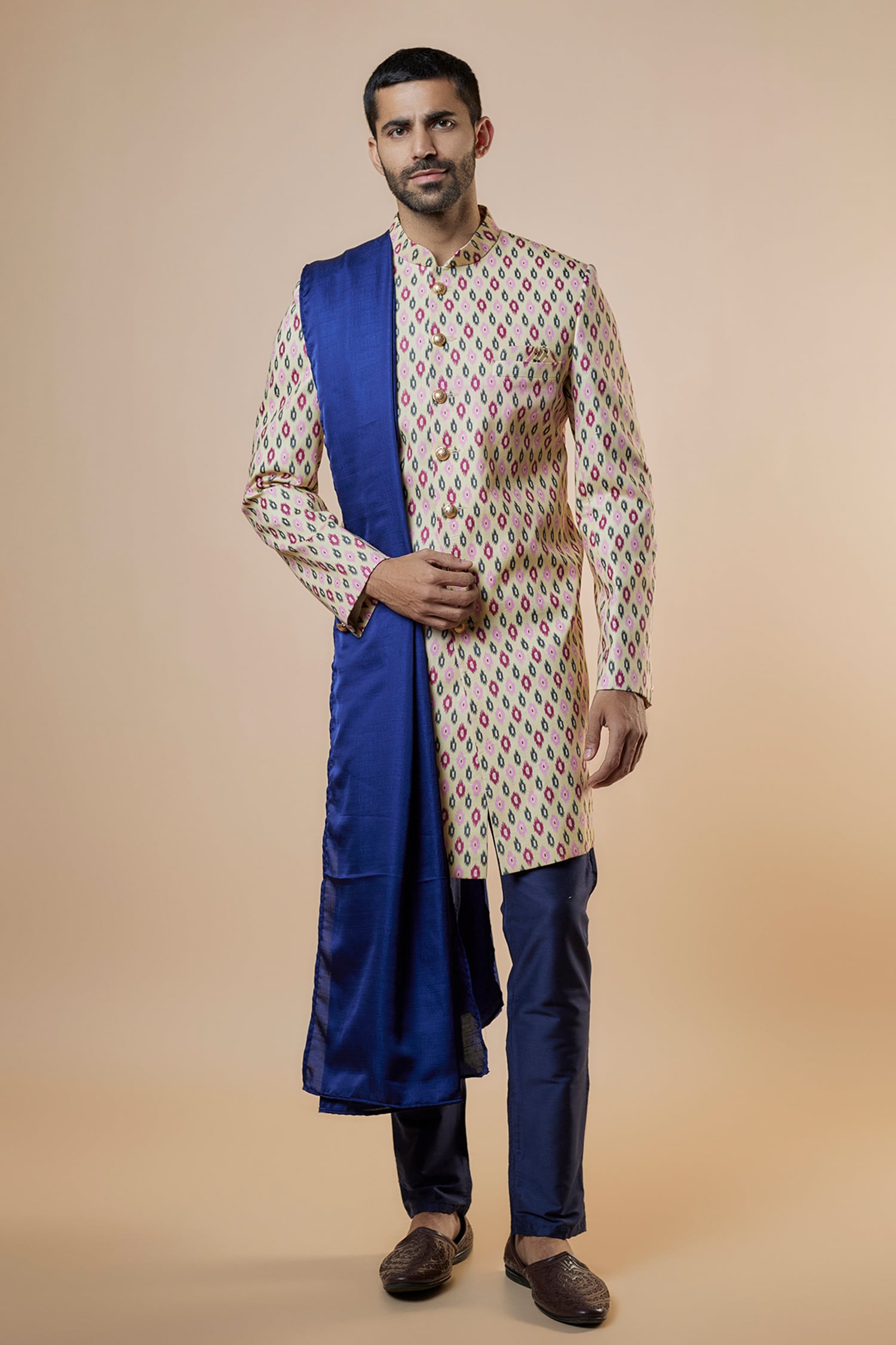 Buy Cream Cotton Silk Printed Ikat Sherwani Set For Men by Spring Break ...