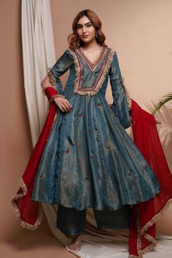 Teal Blue Zardozi Work Anarkali Set main image 1