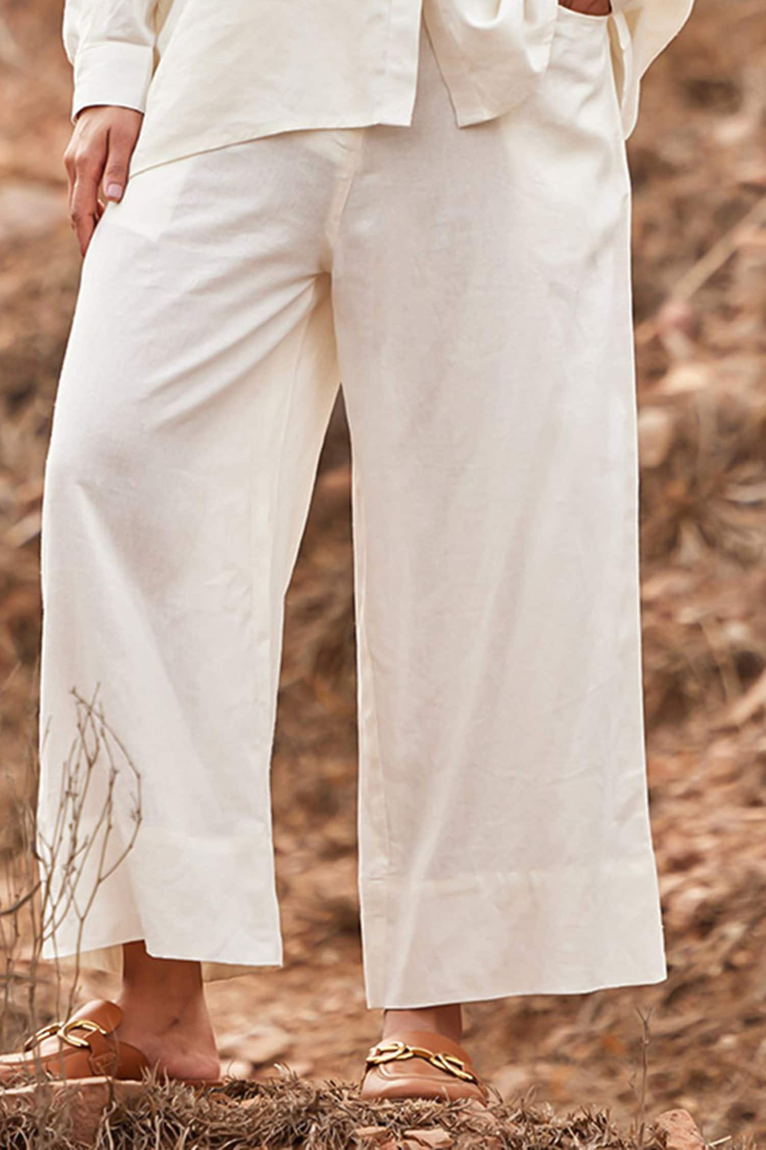 Buy Off White Linen Plain Heer Wide Legged Pant For Women by 