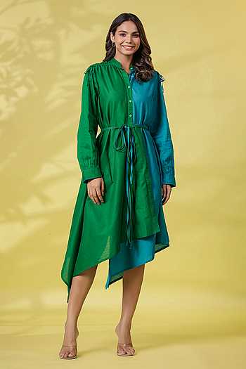 Buy Green Cotton Embroidered Resham Thread Asymmetrical Dress With Belt ...
