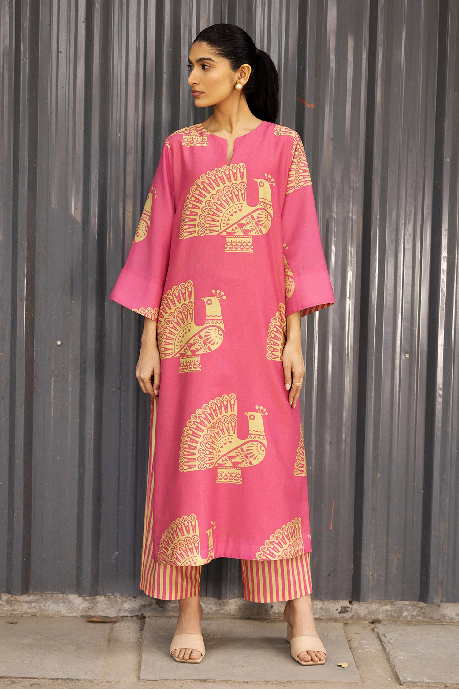 Buy Pink Chanderi Peacock Notched Pattern Kurta With Pant For Women by ...