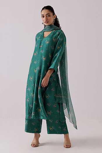 Green Floral Print Cotton Nyra Cut Kurta Pant Set
