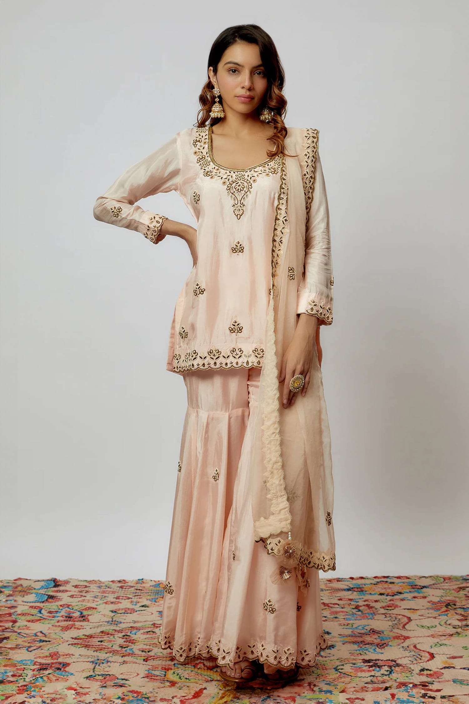 Buy Pink Kurta And Sharara Pure Spun Silk Hand Embroidered Aari U Neck Set For Women By Yuvrani