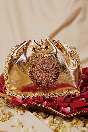 GOLD Pearl Handcrafted Silk Floral Embroidered Potli Bag•GOLD Wrist Bag•Indian Gold Embellished Bag•Potli•Gold Bag•Indian Potli Bag•Potlis
