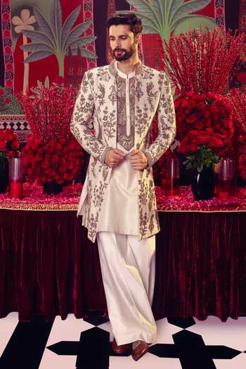 Yellow Silk Jacquard Kurta Jacket Set For Men With Resham Embroidery