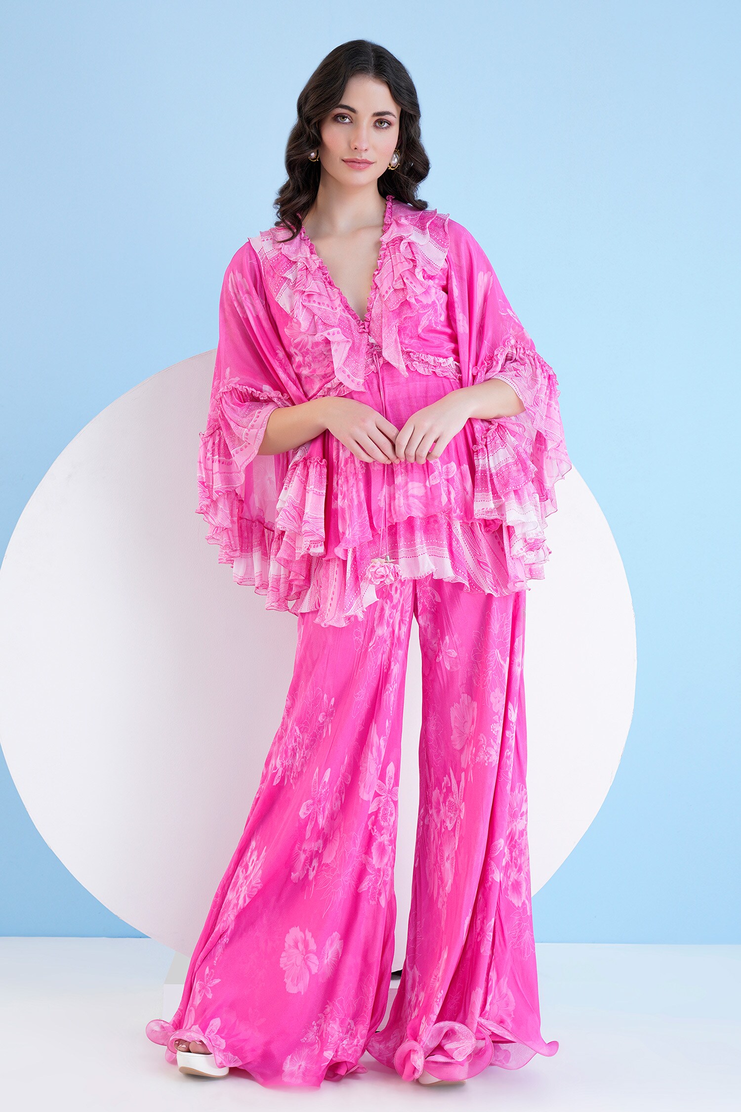 Buy Pink Chiffon Printed Floral V-neck Ruffle Top With Pant For Women ...