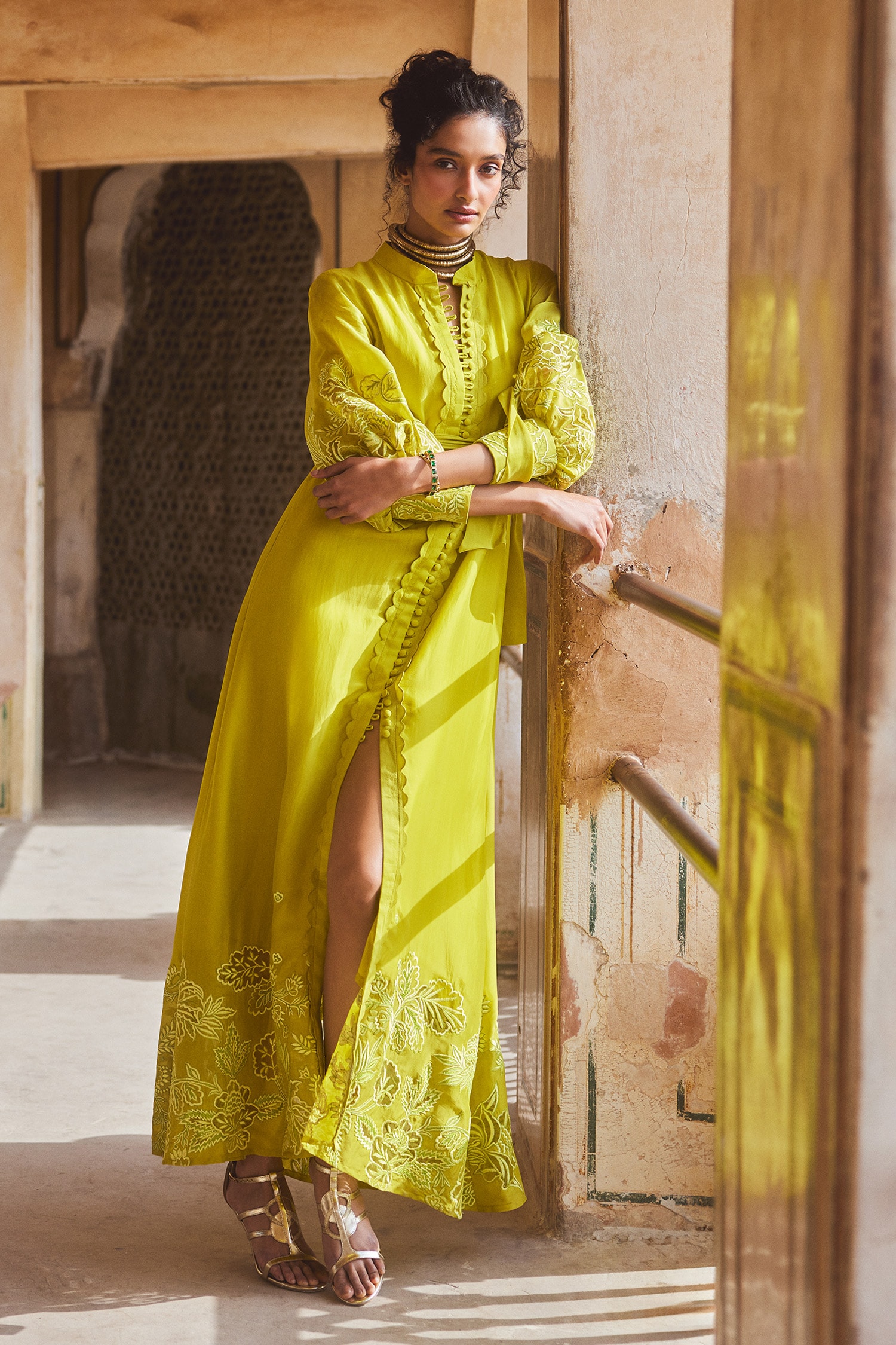 Buy Yellow Silk Organza Embroidery Floral Flower Vintage Maxi Dress For ...
