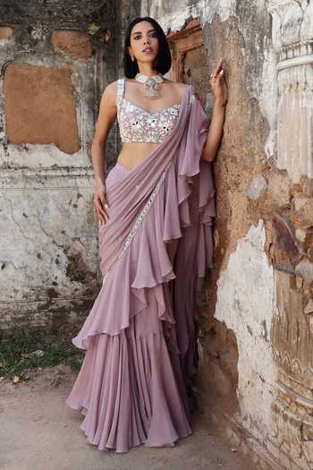 Buy Purple Blouse Niharika Embellished Ruffle Pre-stitched Saree With ...