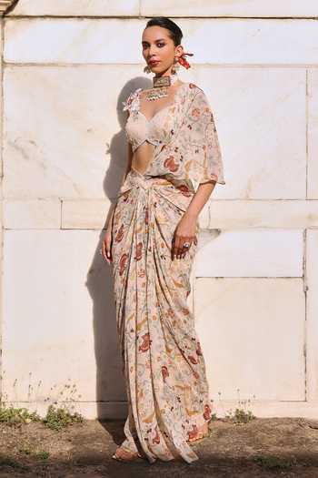 Siya printed pink draped skirt sari and blouse