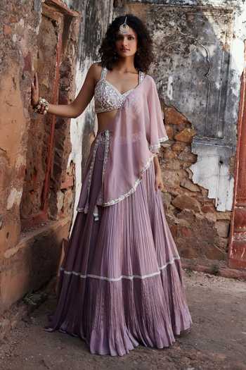 Lilac Embroidered Crepe Cape and Skirt Set