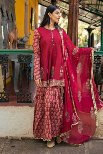Women Red Floral Peplum Kurta With Sharara Pants