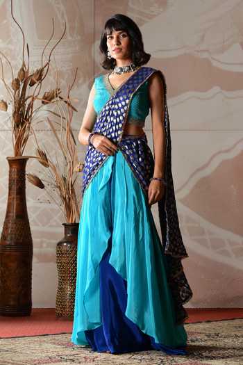 Light Blue Sharara Printed Saree with Blouse Piece