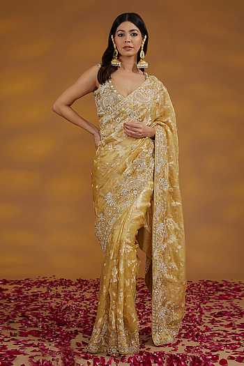 Royal Affair White Gold Organza Saree with Embroidered Blouse Fabric