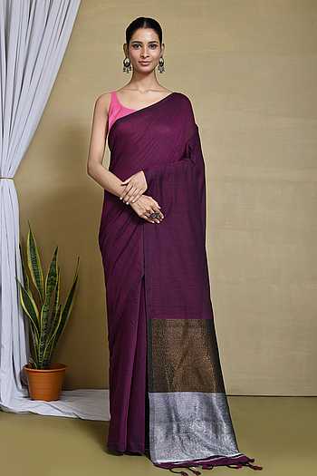 Snuggle Spot Women's Crepe Chit Pallu Solid Saree With Unstitched Blouse 5.5Mtr (Purple) main image 0
