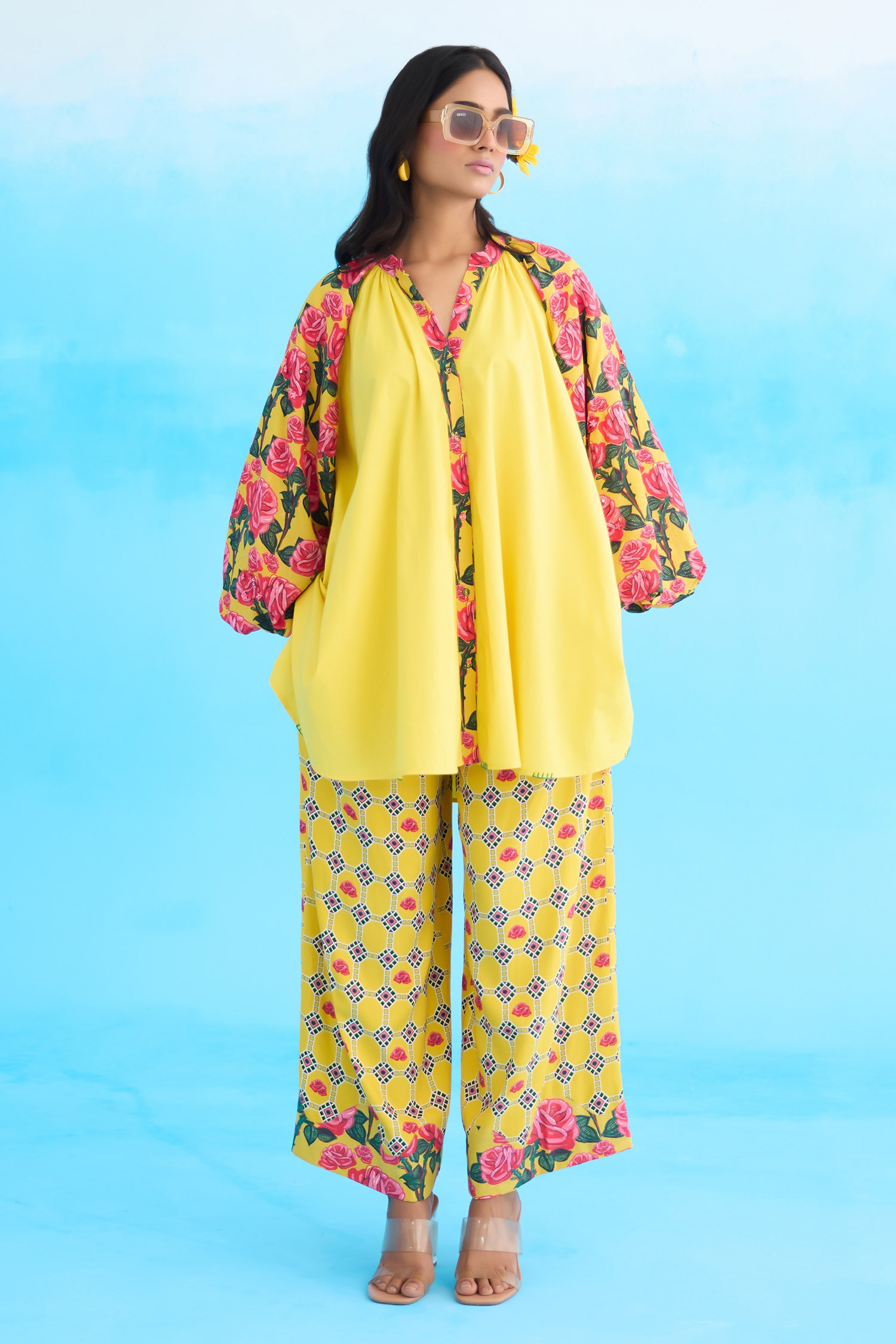 Nikasha - Yellow 100% Cotton Printed Rose Band V Bubble Sleeve Raglan Shirt  For Women