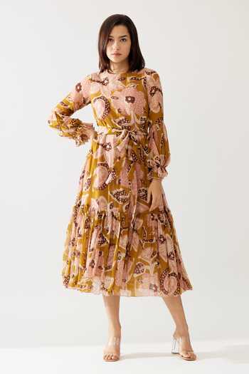 Buy Yellow Chiffon Printed Floral Round Midi Dress For Women by KoAi ...