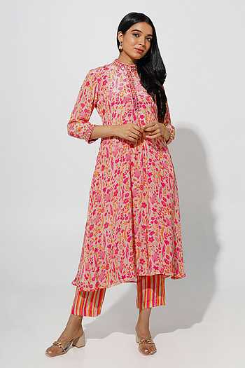 NAINVISH Women's Crepe A-Line Kurta With Pant Set - Brown & Gold Print, 3/4 Sleeves, Ethnic Indian Wear For Festivals - View #3