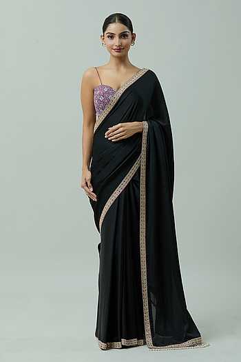 Black Gold Border Metallic Satin Saree with Blouse Fabric